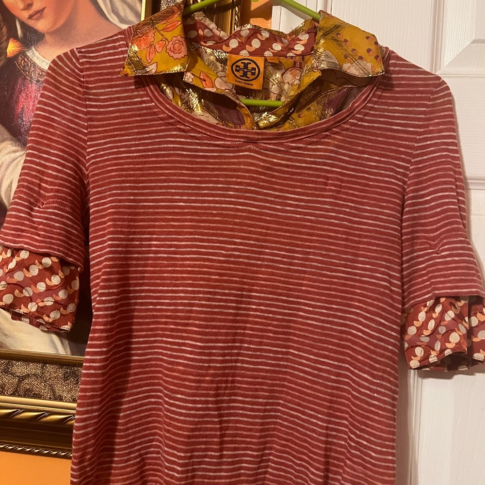 Tory Burch Red Striped Top with Floral Accents